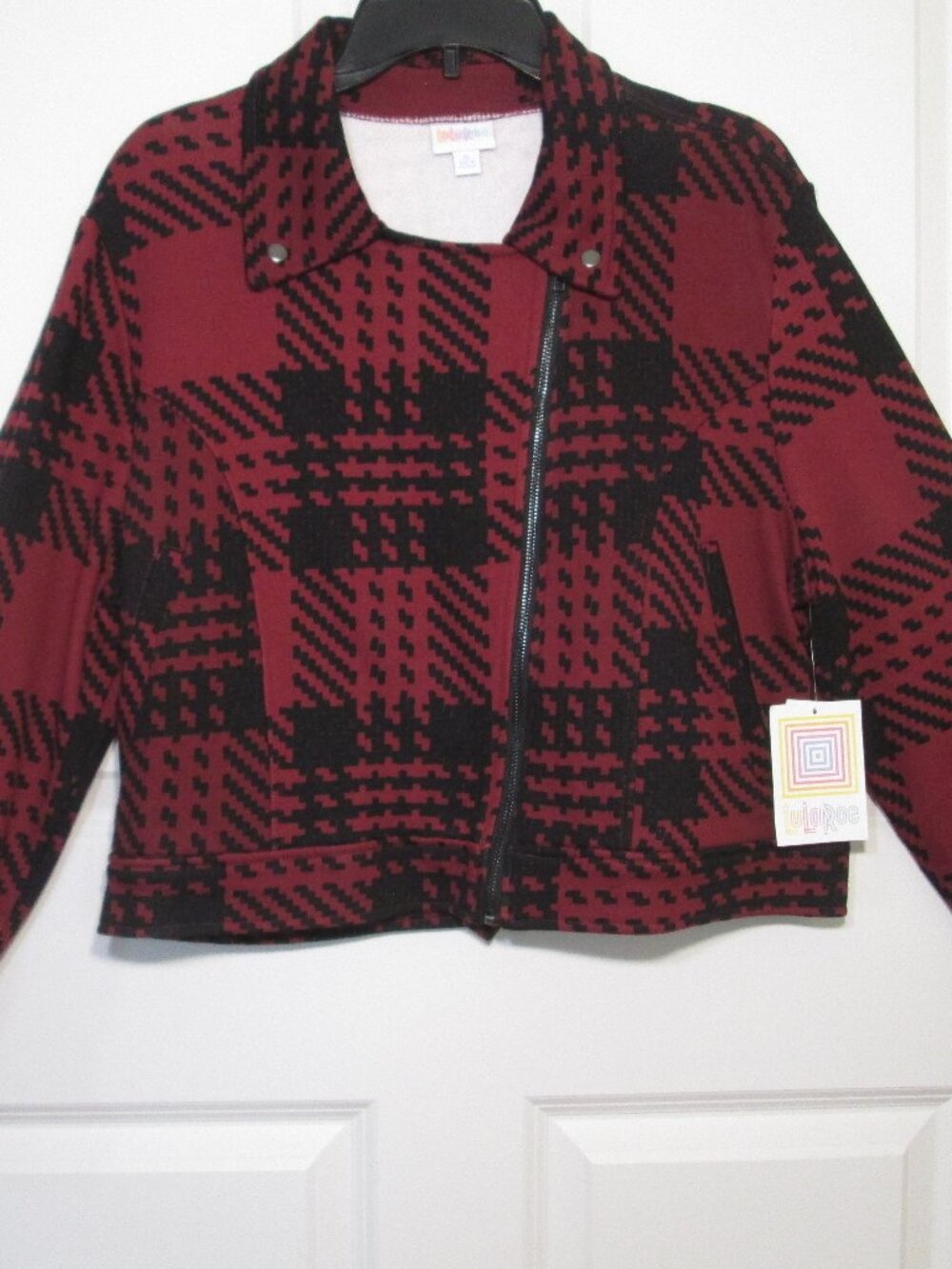 LuLaRoe Presley Moto Jacket XL Burgundy Houndstooth NWT Zip Up 100% Cotton